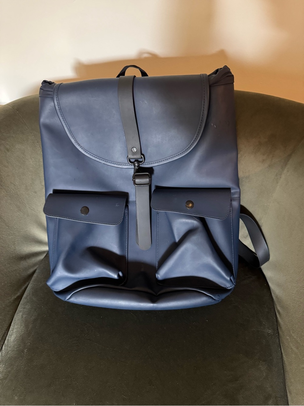 Rains Navy Blue Roll-Top Backpack with Front Pockets